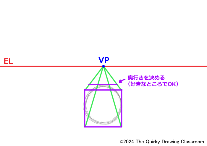 ④描いた四角形の4つの隅から消失点にパース線を引く